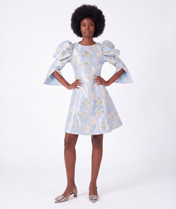 Floral Jacquard Women's Dress in powder blue with botanical motifs and statement sleeves from Mama Luma Porcelain Garden Collection