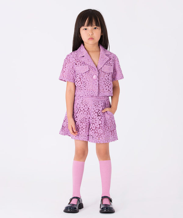 Mama Luma Floral Lace Girls Outfit — Lilac lace blouse and shorts set for birthdays, garden parties, and summer celebrations, ages 3–12Y