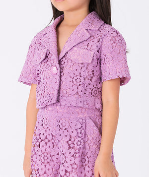 Mama Luma Lilac Floral Lace Girls Outfit — Elegant two-piece blouse and shorts set for holidays, playdates, and outdoor gatherings, ages 3–12Y