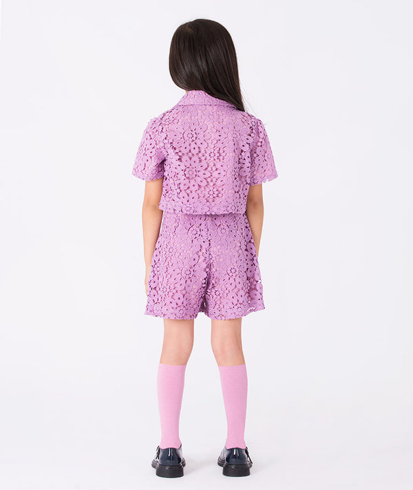 Mama Luma Lilac Lace Girls Outfit — Stylish blouse and shorts set for summer occasions, celebrations, and casual wear, ages 3–12Y