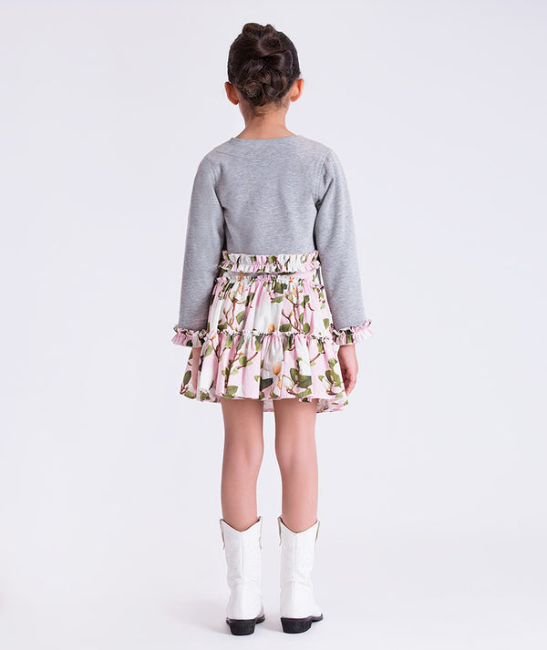 Back view of floral ruffle bolero skirt set for girls by Mama Luma, elegant two-piece occasion outfit