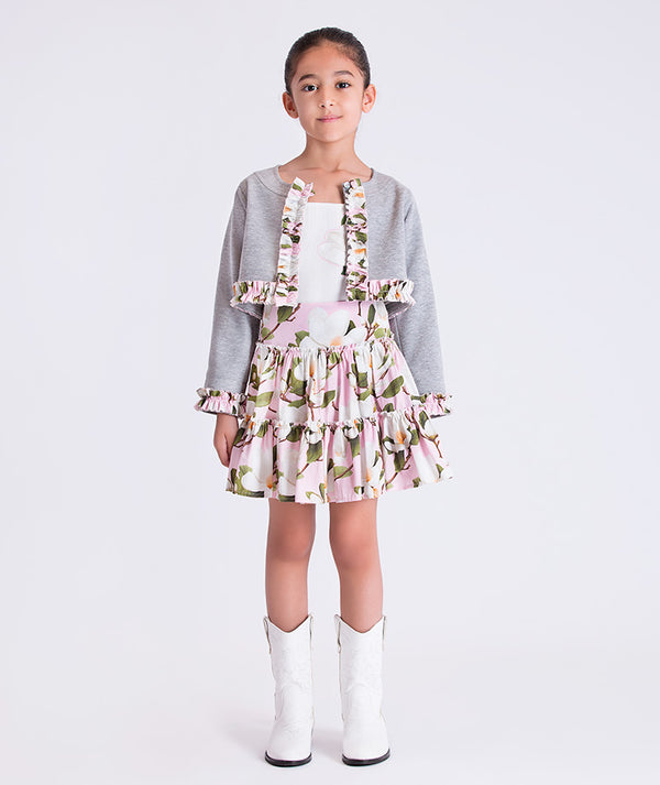 Front view of floral ruffle bolero skirt set for girls by Mama Luma, elegant two-piece outfit with bolero jacket and floral skirt