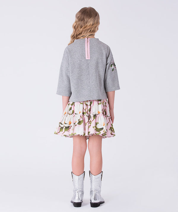 Back view of floral ruffle girls skirt outfit by Mama Luma, elegant two-piece floral set for special occasions
