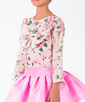 Close-up of Floral Ruffles Girls Outfit | 2 Pieces in vibrant pink for girls ages 3 to 12, highlighting neckline, trims and embellishments
