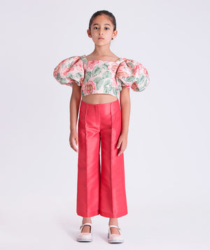 Front view of the Floral Wide Leg Pants Girls Outfit featuring a floral balloon-sleeve top and wide-leg pants, crafted from premium lightweight fabric with cotton lining, designed for girls ages 3–12 for birthdays and special occasions.