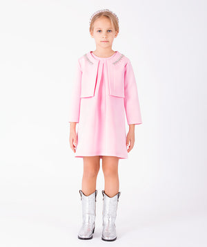 Front view of blush pink girls jacket and dress outfit