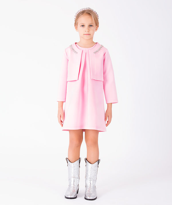 Front view of blush pink girls jacket and dress outfit