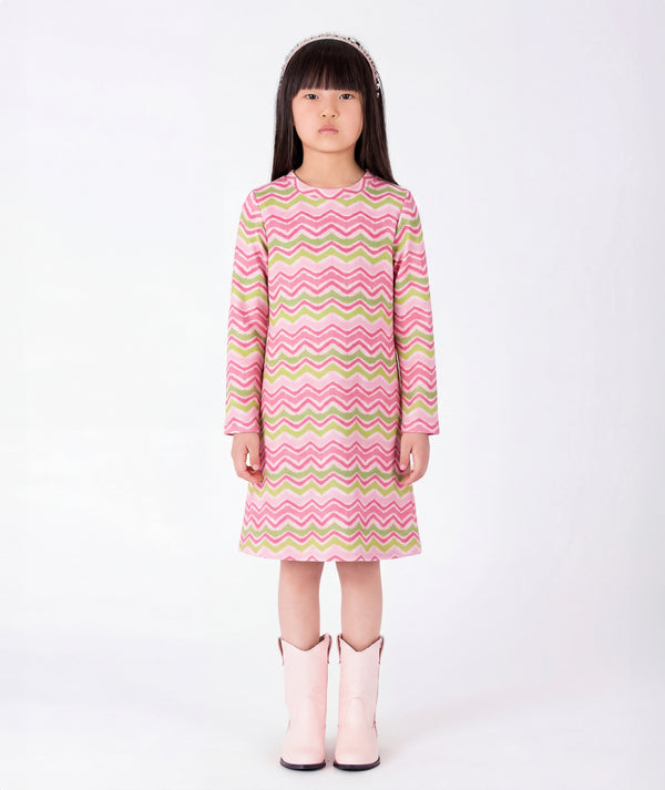 Front view of pink chevron girls dress with silver boots
