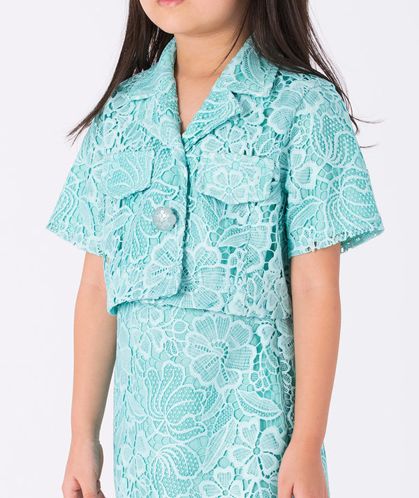 Mama Luma Floral Lace Girls Outfit — close-up of aqua lace jacket and skirt with floral detailing, ideal for Easter and milestone occasions