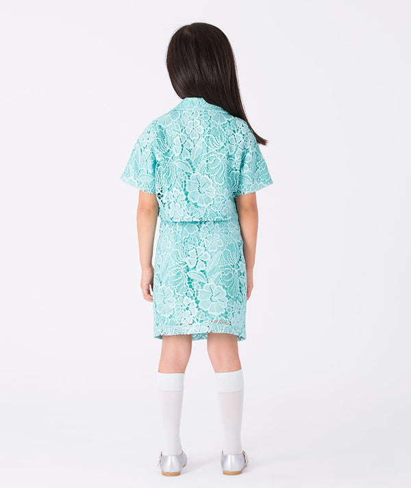 Back view of Mama Luma Floral Lace Girls Outfit — aqua lace jacket and skirt set, perfect for weddings and milestone family occasions