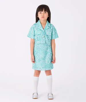 Girl wearing Mama Luma Floral Lace Girls Outfit — aqua lace jacket and skirt set with classic collar, perfect for Eid, weddings and birthdays