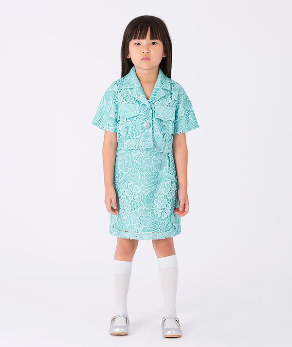 Girl wearing Mama Luma Floral Lace Girls Outfit — aqua lace jacket and skirt set with classic collar, perfect for Eid, weddings and birthdays
