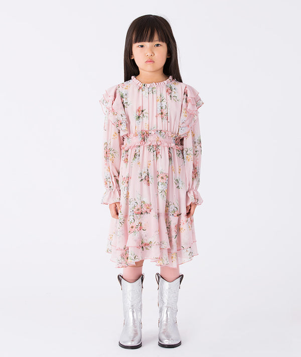 Girl wearing Mama Luma Chiffon Flower Dress — floral chiffon dress with ruffles, perfect for birthdays, spring gatherings and Easter celebrations