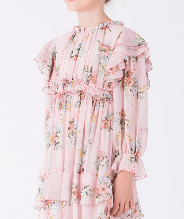 Side view of Mama Luma Long Layered Flower Girls Dress — elegant chiffon floral girls dress for Eid, birthdays and spring parties