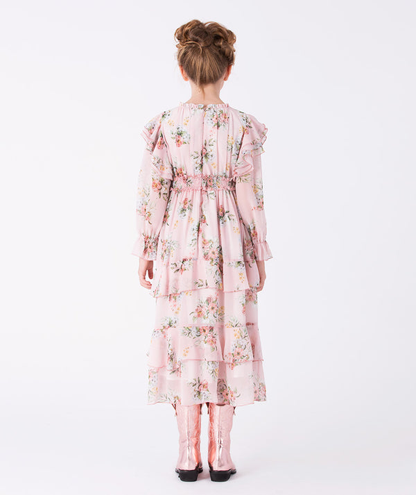 Back view of Mama Luma Long Layered Flower Girls Dress — luxury chiffon floral dress for birthdays, Easter and special occasions