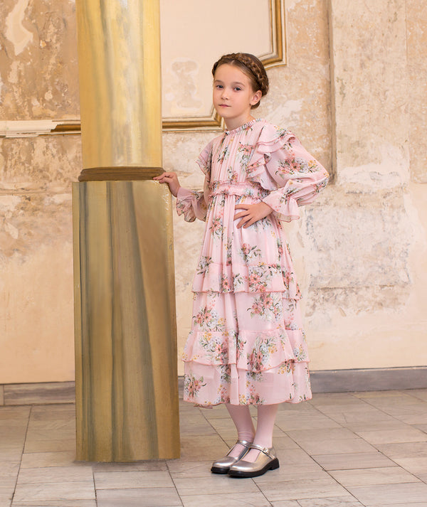 Mama Luma Long Layered Flower Girls Dress — chiffon floral dress with ruffles, ideal for Easter celebrations and milestone family gatherings