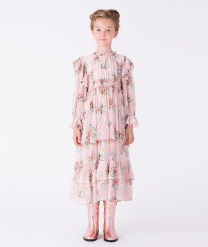 Girl wearing Mama Luma Long Layered Flower Girls Dress — luxury chiffon floral dress with layered ruffles, perfect for Eid, weddings and birthdays