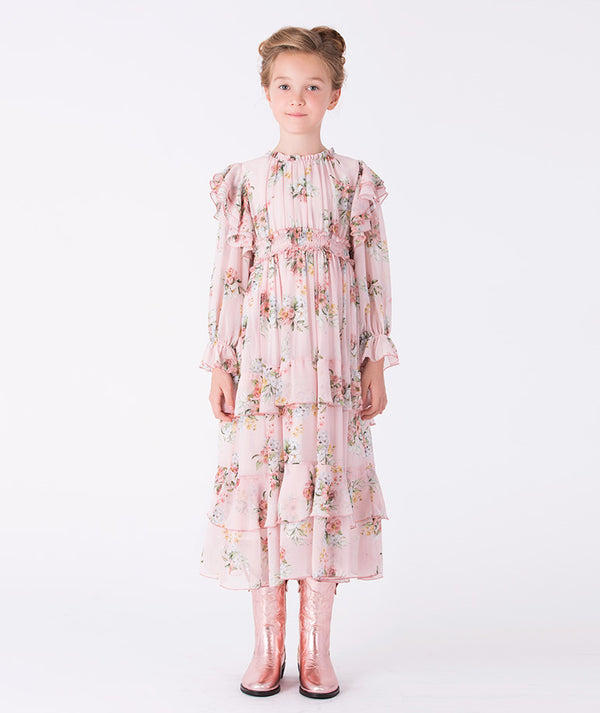 Girl wearing Mama Luma Long Layered Flower Girls Dress — luxury chiffon floral dress with layered ruffles, perfect for Eid, weddings and birthdays