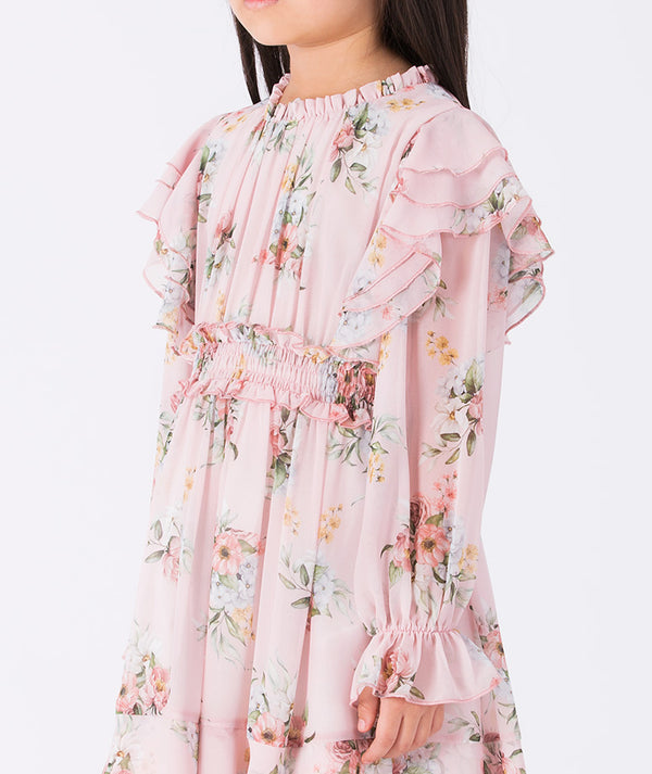 Mama Luma Chiffon Flower Girls Dress — soft floral chiffon with ruffled details, handcrafted in Europe for birthdays and spring occasions
