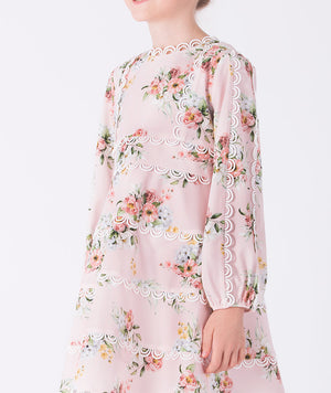 Close-up of Mama Luma Floral Lace Girls Dress — floral long-sleeve pink dress with lace details, ideal for garden parties and spring occasions