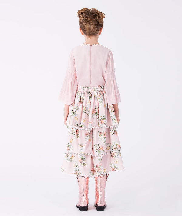 Mama Luma Floral Embroidered Lace Outfit — pink embroidered lace blouse with flared sleeves and matching pants, perfect for Easter and festive family occasions
