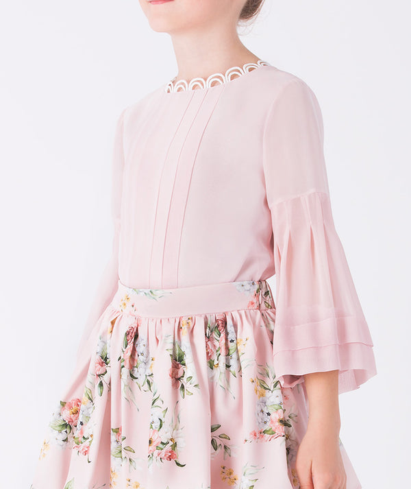 Mama Luma Lace Trim Flowers Outfit — pink lace blouse with floral detailing, handcrafted in Europe for Easter, and festive holidays