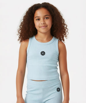 Front-facing close-up of a girl wearing a light blue sleeveless ribbed tank top, styled for breathable summer comfort, everyday movement, and soft athleisure wear, available in sizes 3–14