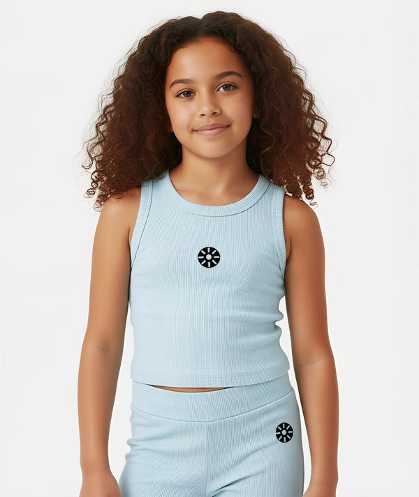 Front-facing close-up of a girl wearing a light blue sleeveless ribbed tank top, styled for breathable summer comfort, everyday movement, and soft athleisure wear, available in sizes 3–14