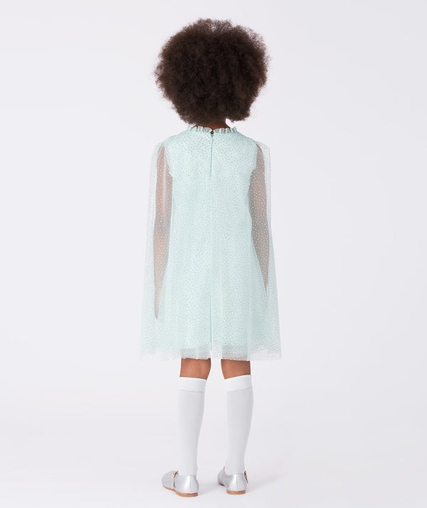 Back view of Mama Luma Sparkle Cape Girls Dress — mint glitter tulle girls dress for birthdays, festive family events and parties