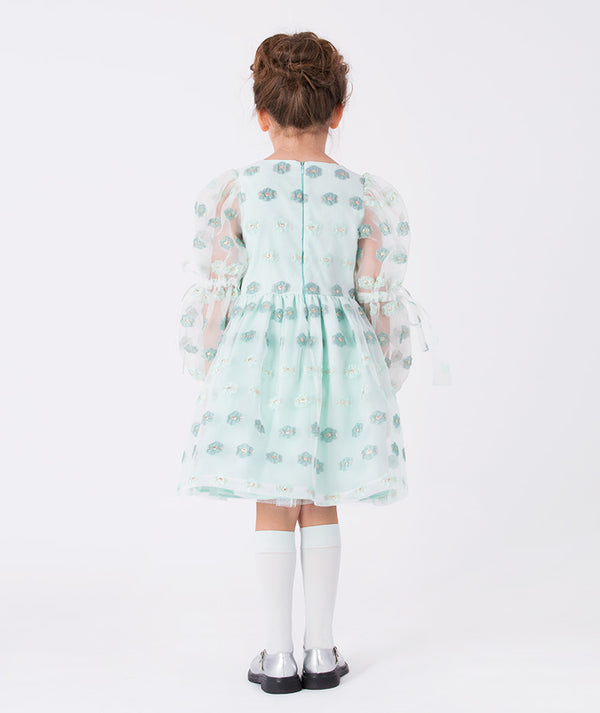 Back view of Mama Luma Jacquard Flowers Girls Dress — mint jacquard dress with puff sleeves, perfect for weddings and milestone occasions