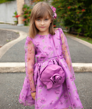 Girl wearing Mama Luma outfit styled with Mulberry 3D Floral Bag — Couture satin rose appliqué bag perfect for Eid, Birthdays and Family Occasions
