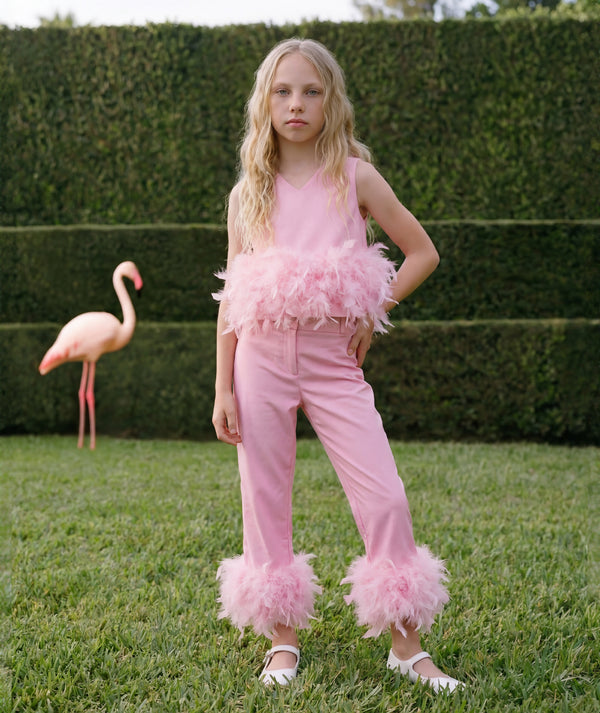 Mama Luma pink feather cuff pants from the Kohana Collection styled for special occasions