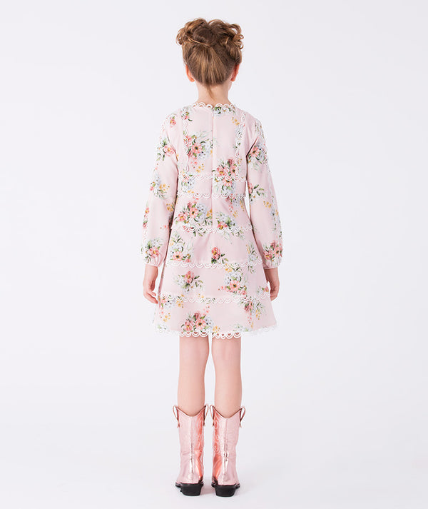 Back view of Mama Luma Floral Lace Girls Dress — soft pink floral dress with lace trim, perfect for birthdays and graceful everyday outings