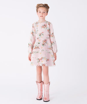 Girl wearing Mama Luma Floral Lace Girls Dress — soft pink long-sleeve floral dress with lace trims, perfect for birthdays and Easter