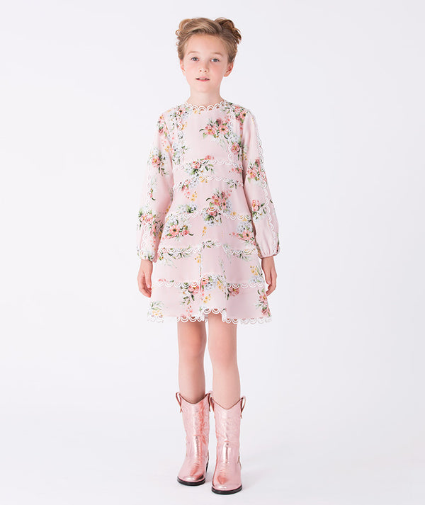 Girl wearing Mama Luma Floral Lace Girls Dress — soft pink long-sleeve floral dress with lace trims, perfect for birthdays and Easter