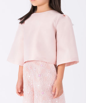 Mama Luma Pink Marbella Girls Blouse — blush satin top with flared sleeves, handcrafted in Europe for Eid, weddings, birthdays and festive occasions