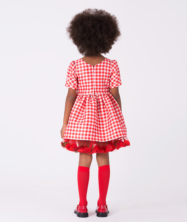 Back view of Mama Luma’s 3D Petals Plaid Dress from the Asagao Christmas Collection — perfect for holiday gatherings and winter events. Available in girls’ sizes 3–12 Y.