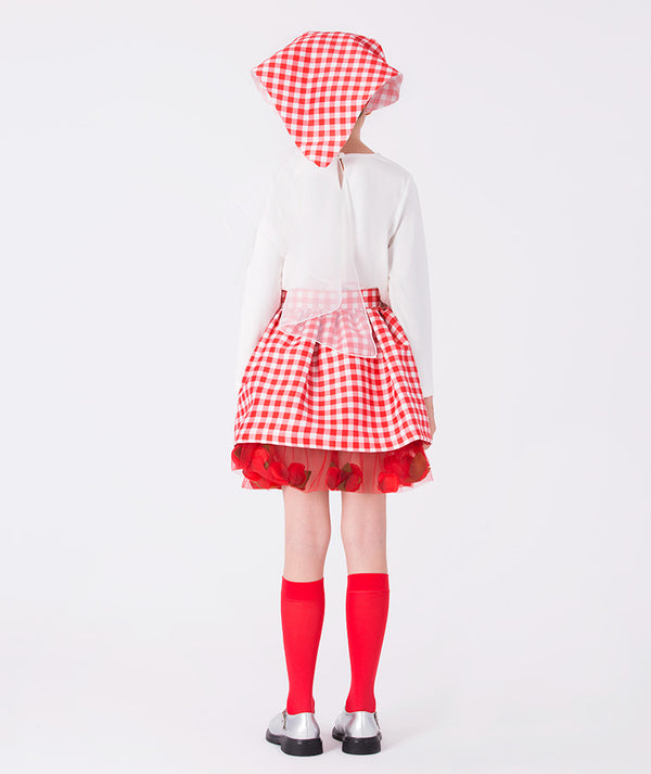 Back view of Mama Luma’s 3D Petals Outfit, a charming red plaid ensemble with bow and petal details for Christmas parties and winter festivities. Available in girls’ sizes 3–12 Y.