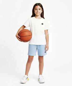 Girls white short-sleeve t-shirt and pastel blue unisex athletic shorts activewear outfit, ideal for sports practice, playground days, and everyday comfort; available in sizes 3–14Y.