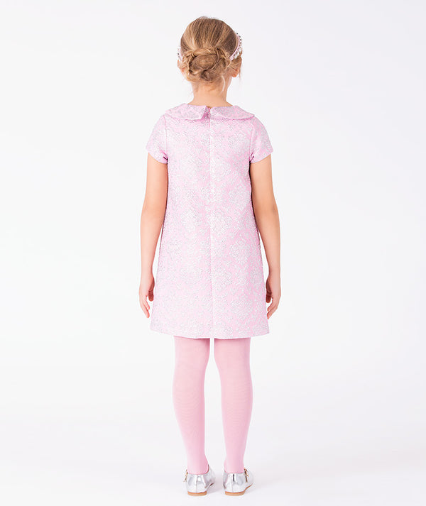 Glitter Pink girls dress in floral jacquard back view