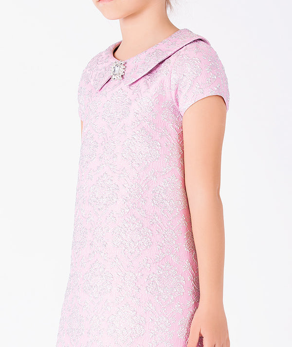 Glitter Pink girls dress with crystal embellished collar detail