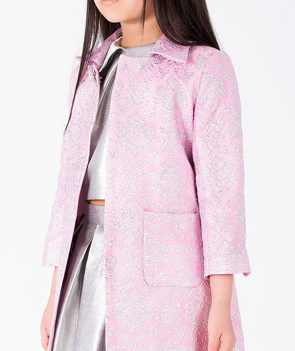 Close-up of Glitter Pink Girls Jacket in silver jacquard for girls ages 3 to 12, highlighting tailoring and construction