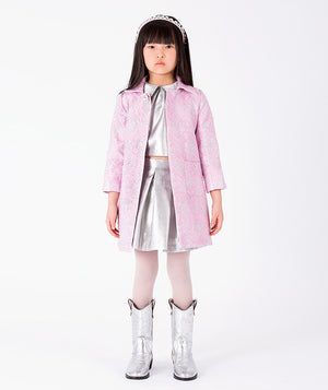 Front view of Glitter Pink Girls Jacket in silver jacquard for girls ages 3 to 12, styled as premium children’s special occasionwear