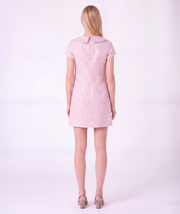 Back view of Glitter Pink Women's Dress with shimmering jacquard fabric, wide collar and concealed zipper by Mama Luma
