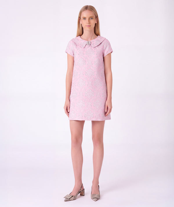 Glitter Pink Women's Dress with silver jacquard motifs, jeweled collar and short sleeves from Mama Luma Hanae Collection