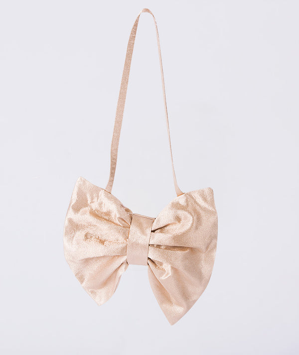 Gold Bow Bag metallic gold girls handbag with oversized structured bow and slim shoulder strap for weddings and special occasions.