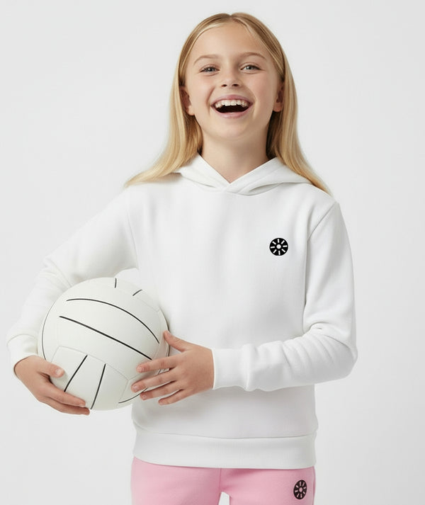 girls white activewear hoodie by goldencubs with logo patch, perfect for school, sports, playtime, and everyday wear; available in sizes 3–14 years