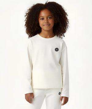 Goldencubs Girls’ White Cotton Lounge Set with a round-neck sweatshirt and matching joggers, designed for comfort and minimal style — perfect for playtime, travel, and everyday wear. Available in sizes 3–12Y.