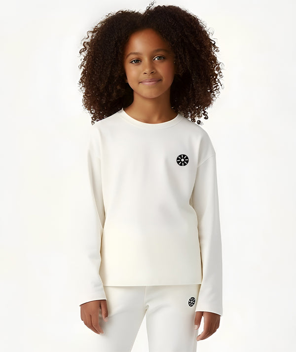Goldencubs Girls’ White Cotton Lounge Set with a round-neck sweatshirt and matching joggers, designed for comfort and minimal style — perfect for playtime, travel, and everyday wear. Available in sizes 3–12Y.