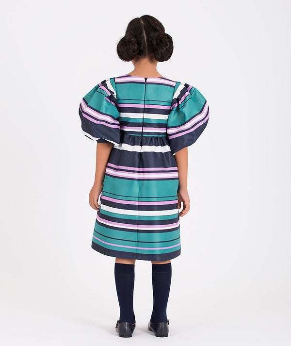 green striped balloon sleeved dress